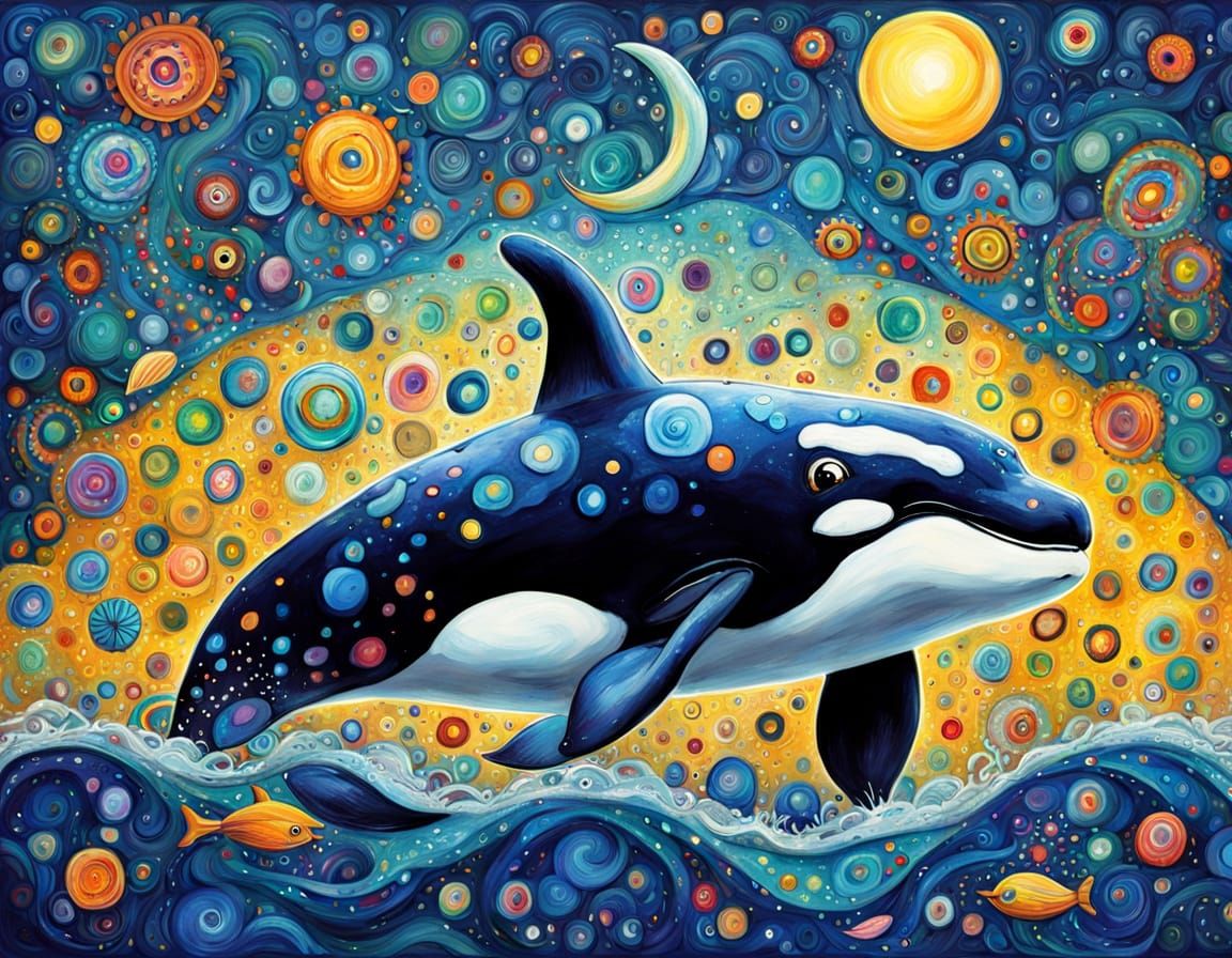 Steampunk Klimt-Style Killer Whale at Night