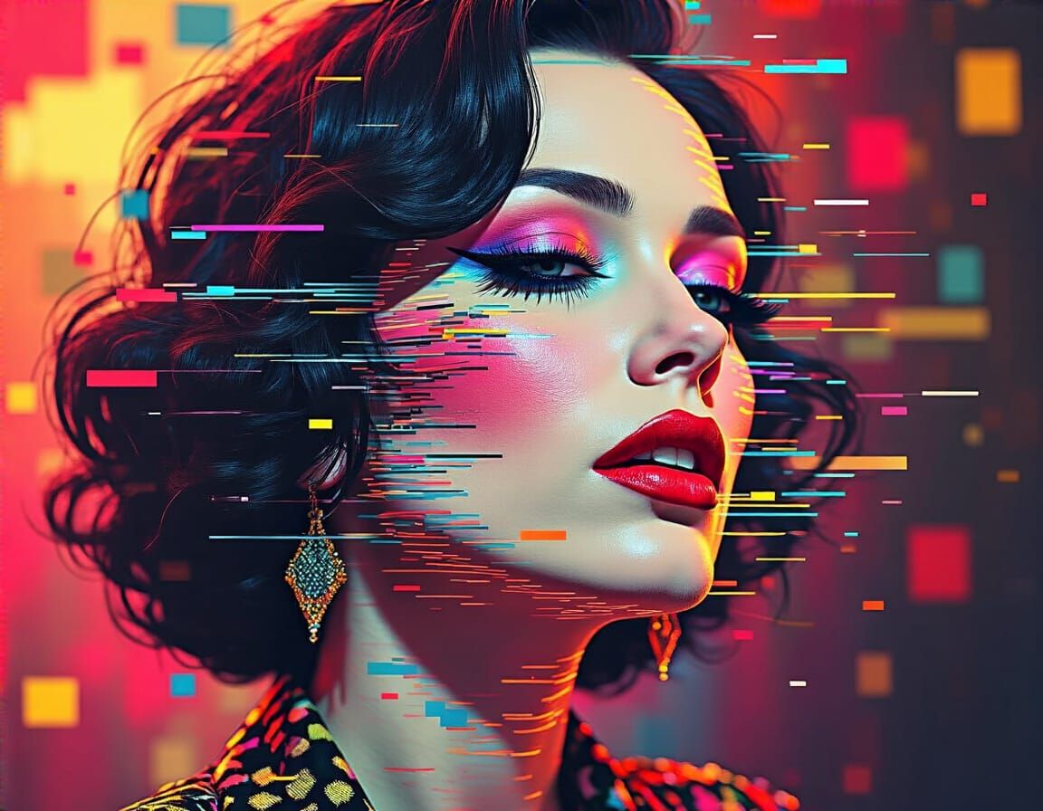 Glitch Art Portrait of Cabaret Singer in Digital Landscape