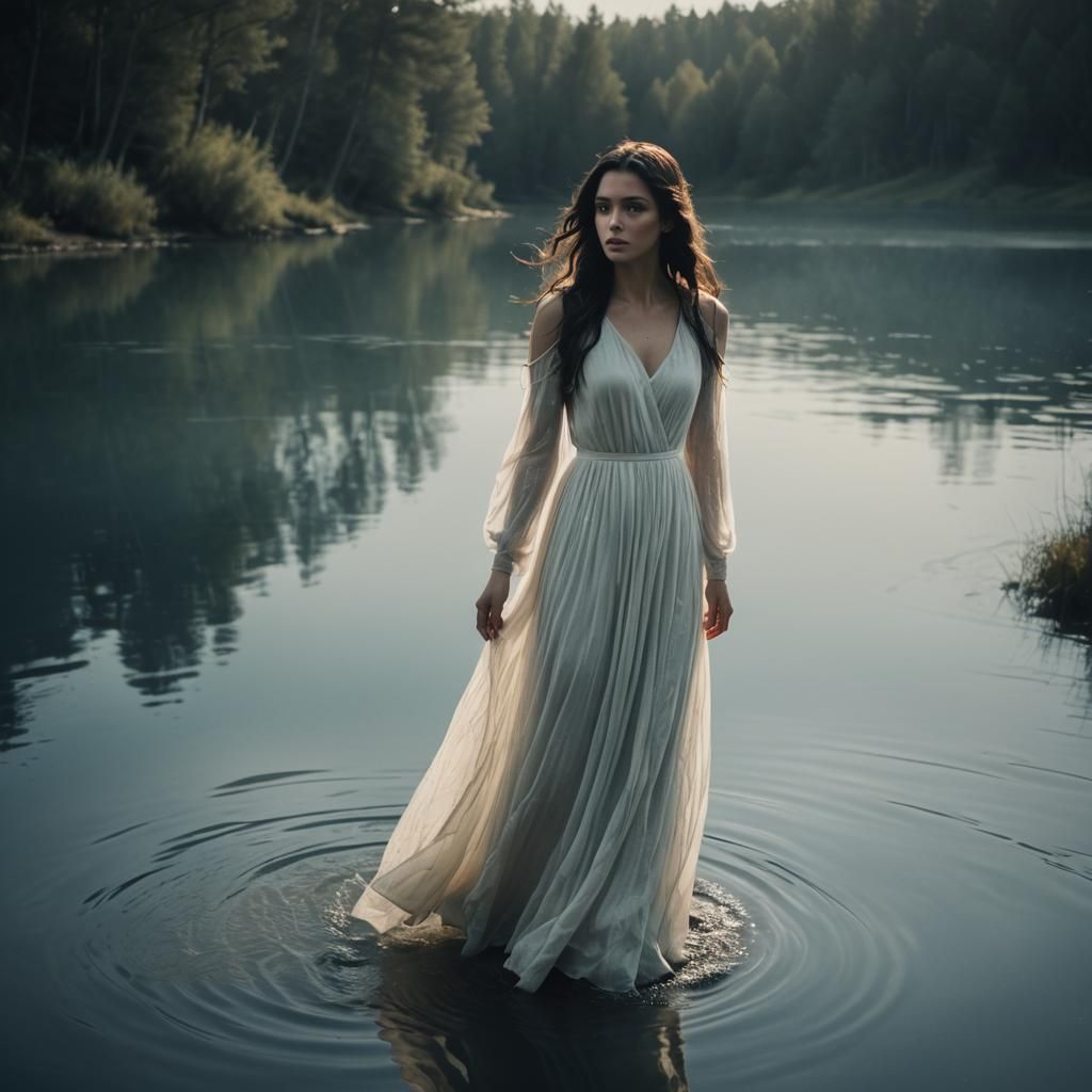 Ethereal Fantasy Girl Controlling Water in Cinematic Scene w...