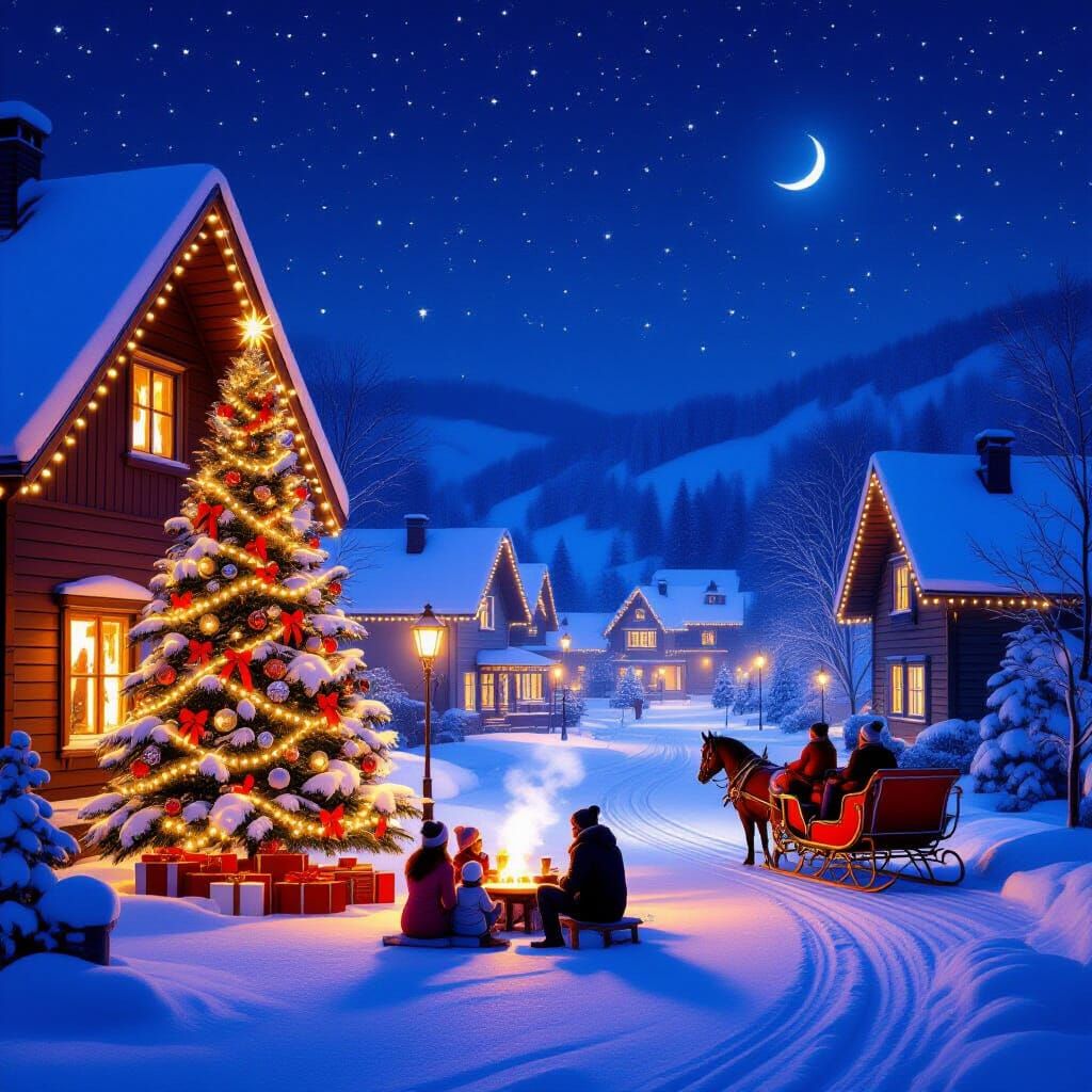 Cozy Winter Village Christmas Night Scene