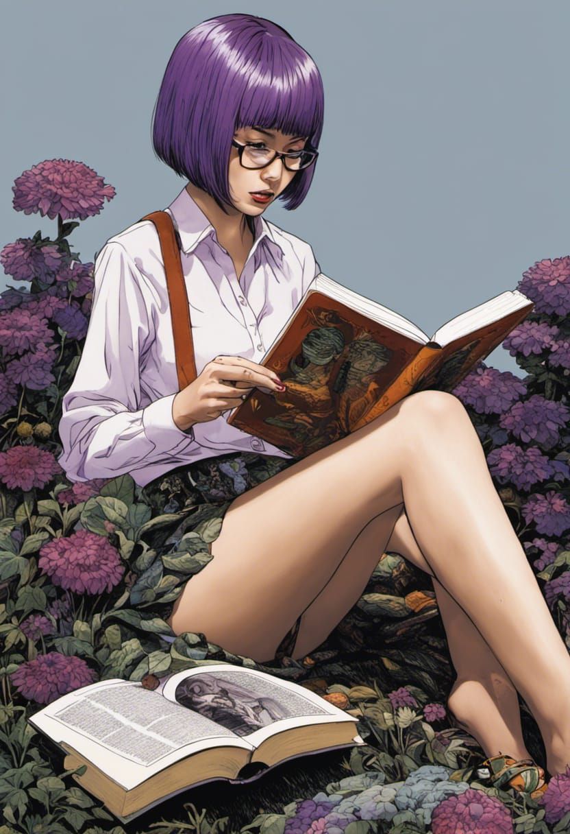 Woman Reading in a Purple-Haired, Barefooted Pose