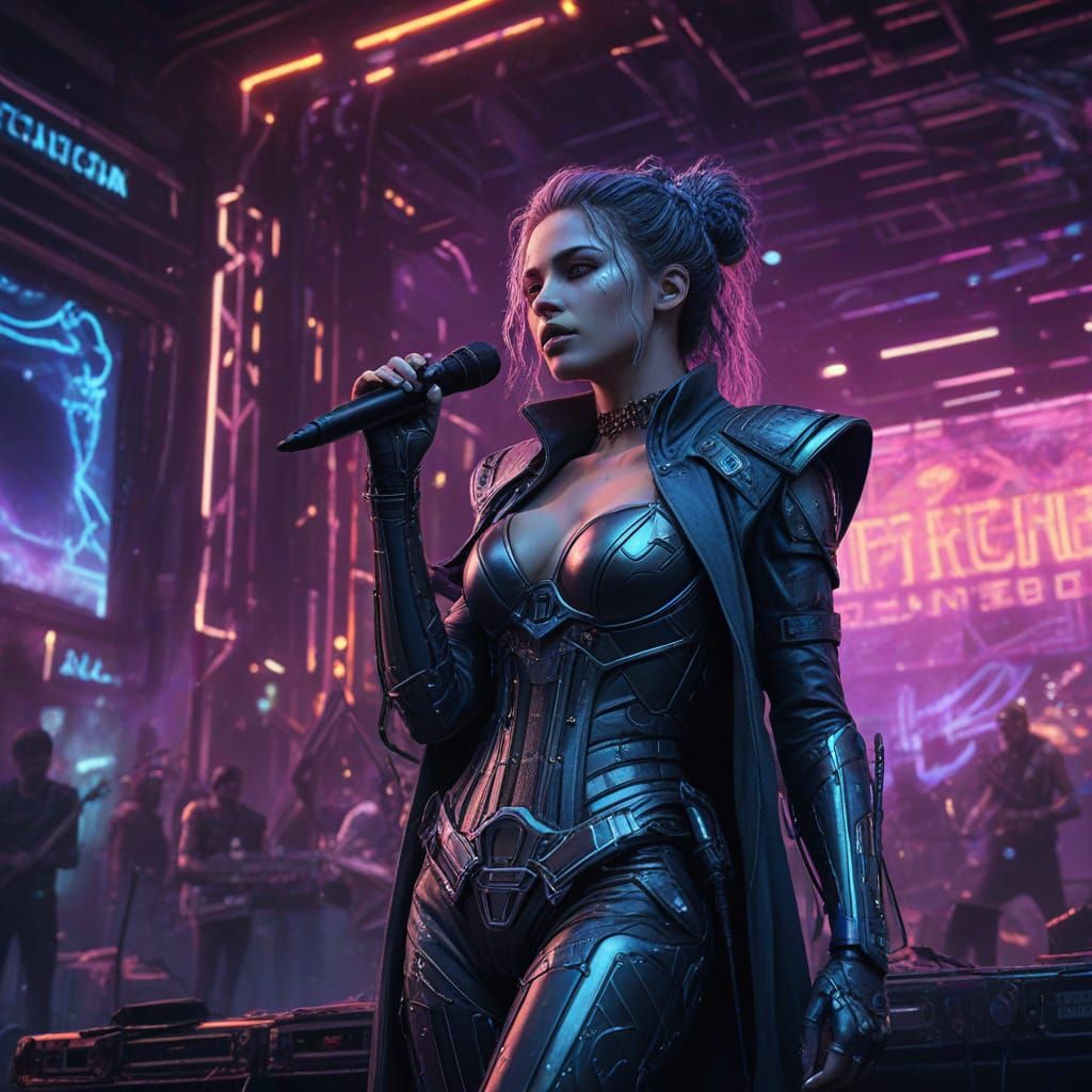 Hyperrealistic Cyberpunk Rock Concert in Vibrant Art Nouveau...
