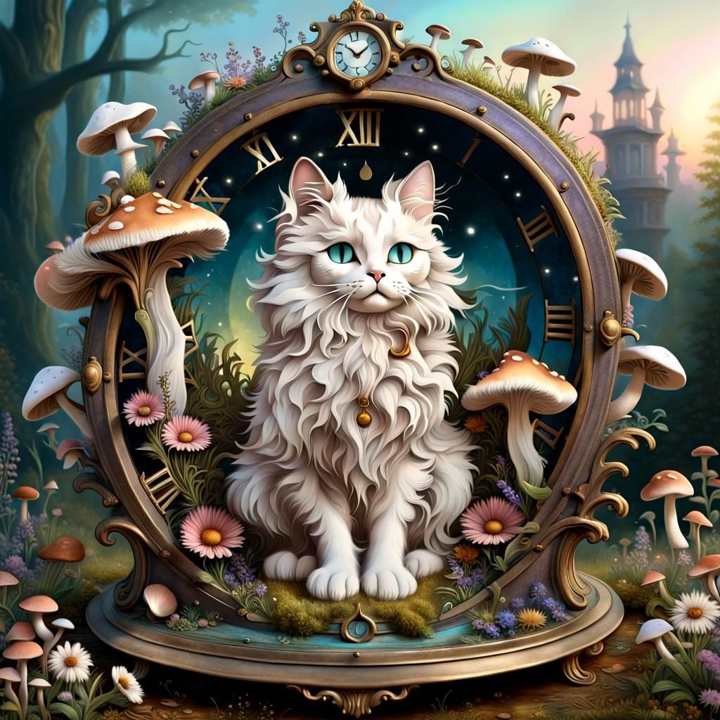 Whimsical Cat Emerge from Enchanted Clockwork