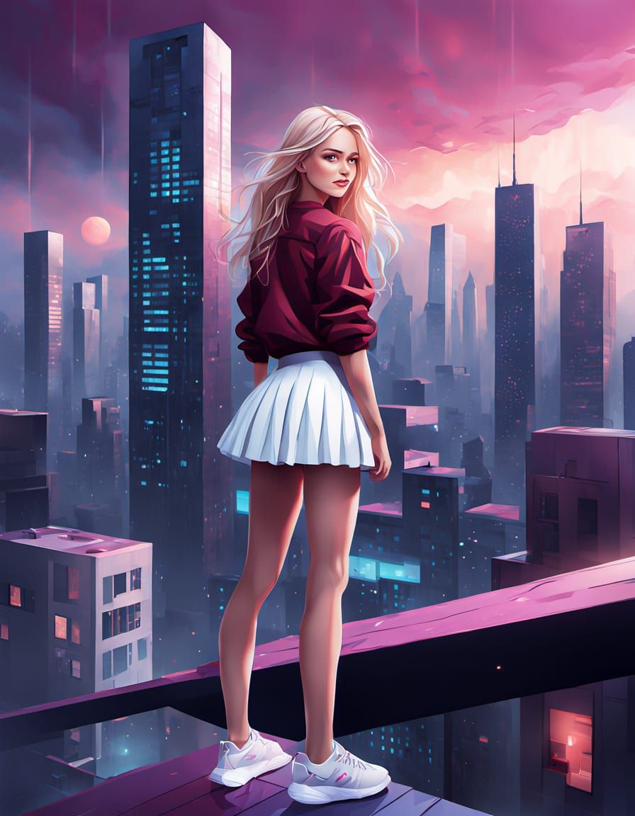 Sultry Bimbo Goddess in Futuristic Cityscape