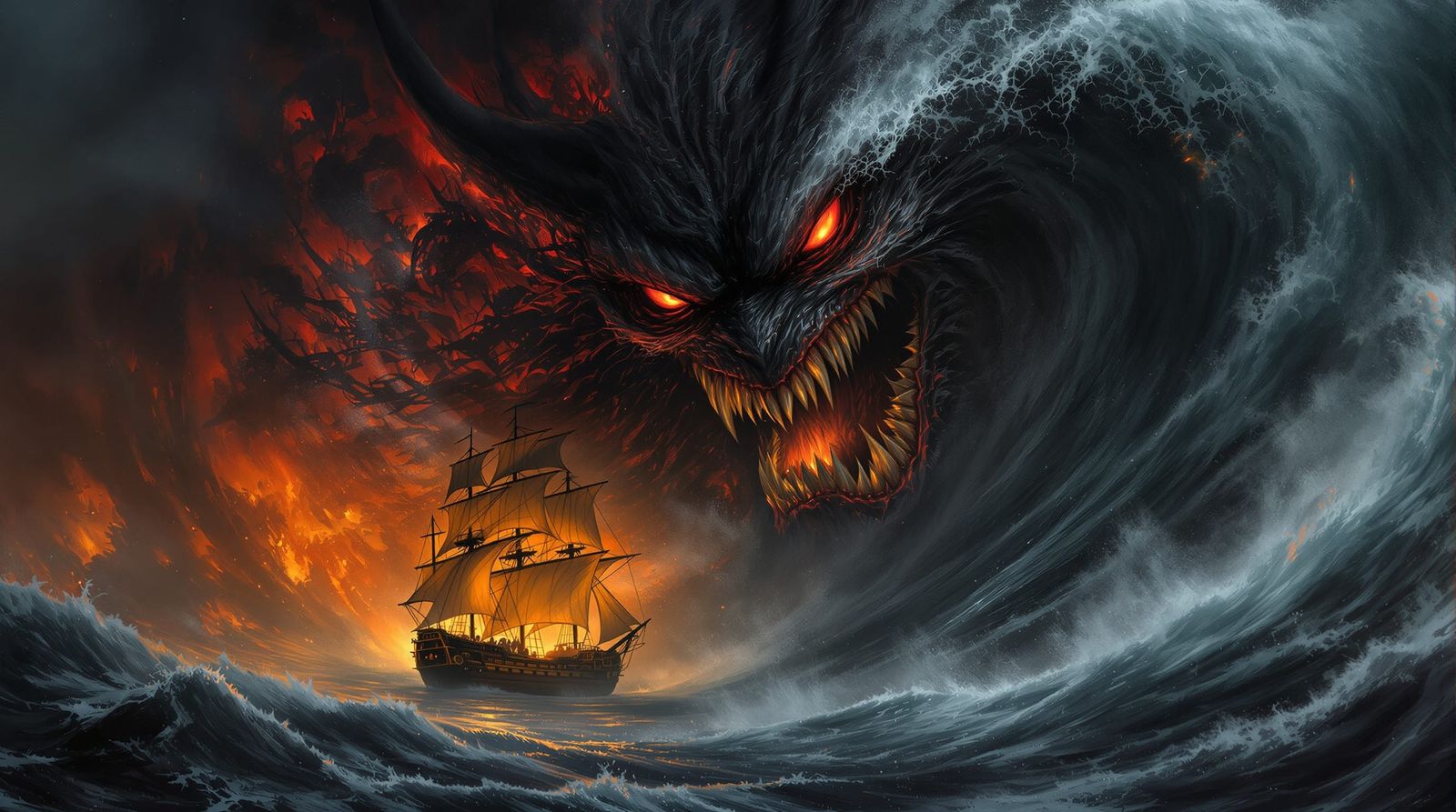 Colossal Demon Wave Attacks Steampunk Ship in Dark Fantasy