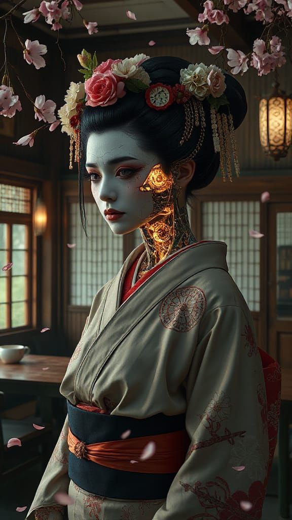 Melancholic Cyborg Geisha in Cyberpunk Teahouse