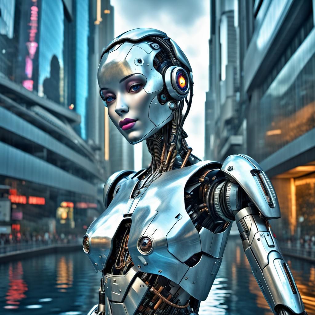 A Peaceful Cyberpunk Cityscape with a Female Robot in Utopia...