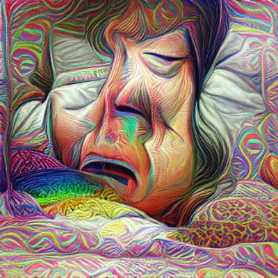 A psychedelic portrait of a depressed mother crying in her b...