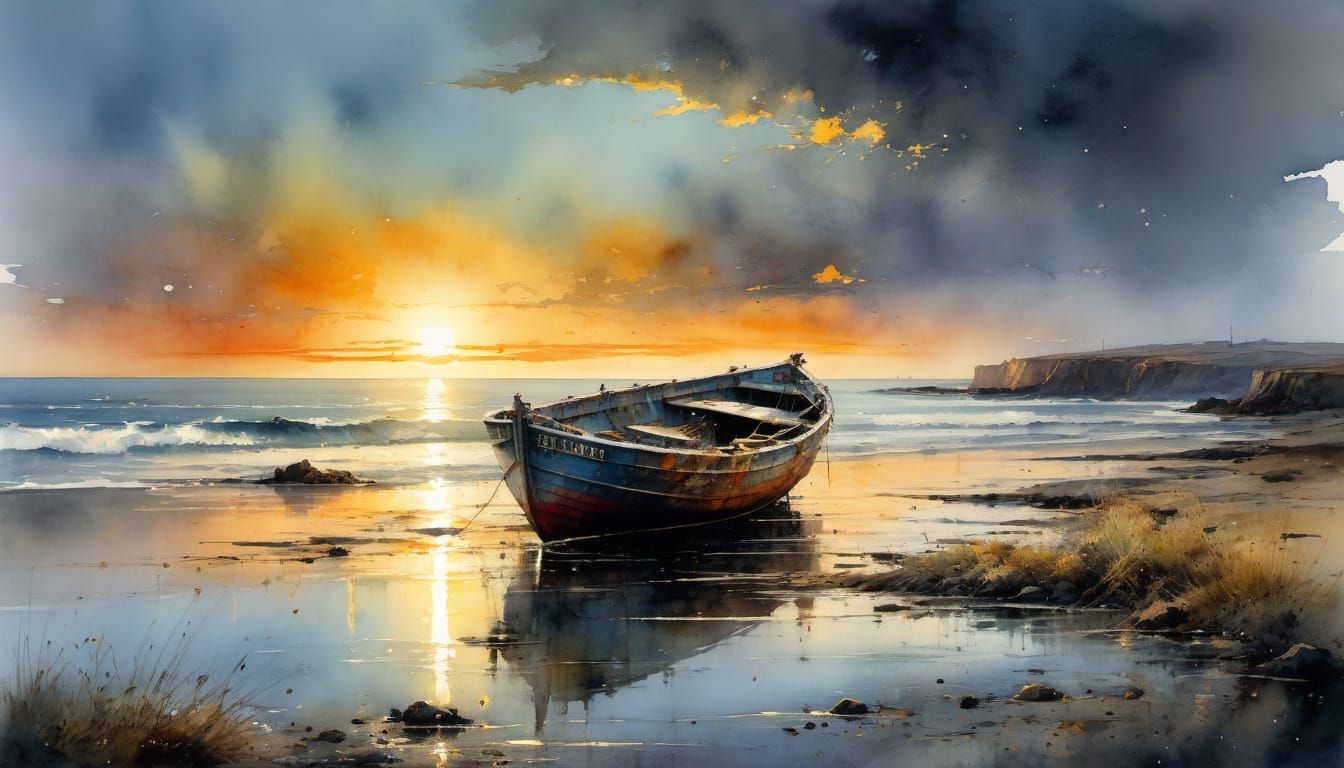 Rustic Boat at Golden Sunset Watercolor Painting