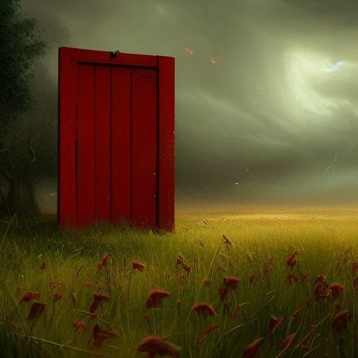 Red Door in Dark Fantasy Landscape