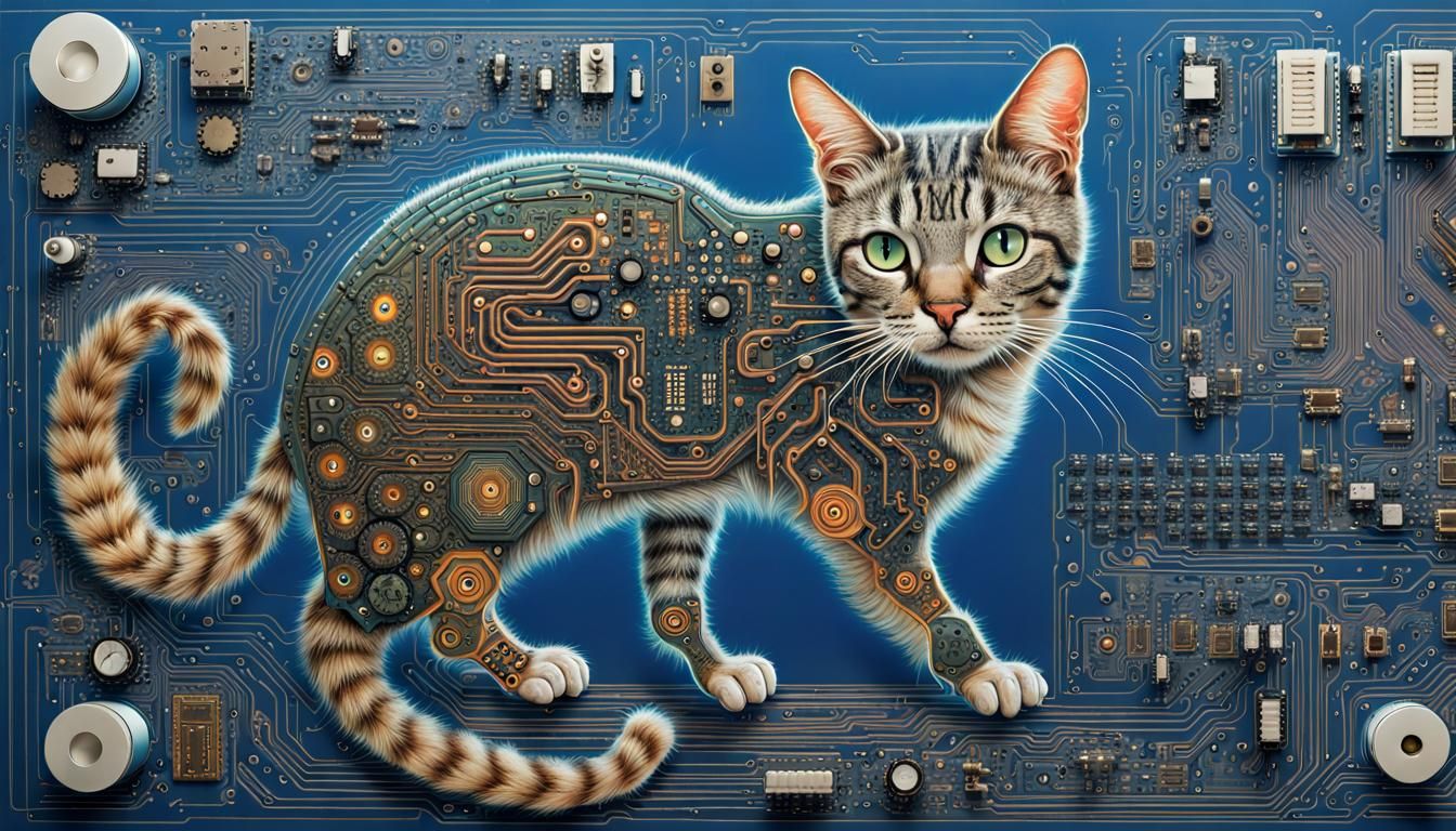 Psychedelic Cat Embedded in Futuristic Electronic Landscape