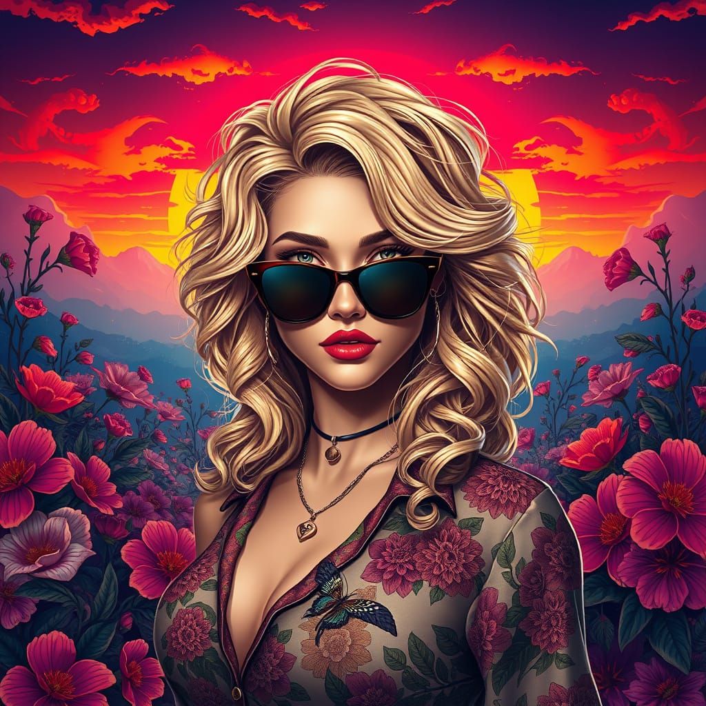 The image features a stylish woman with wavy blonde hair and...