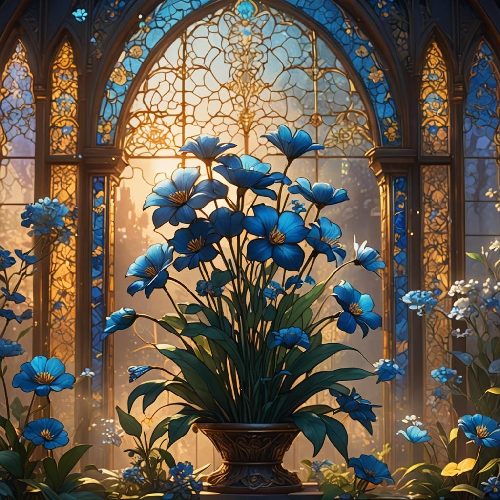 Vibrant Blue Stained Glass Masterpiece in Golden Hour Light