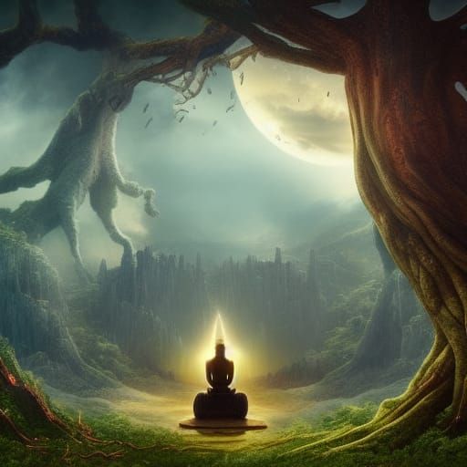 Epic Digital Fantasy Tree Transports Old Man to Wisdom