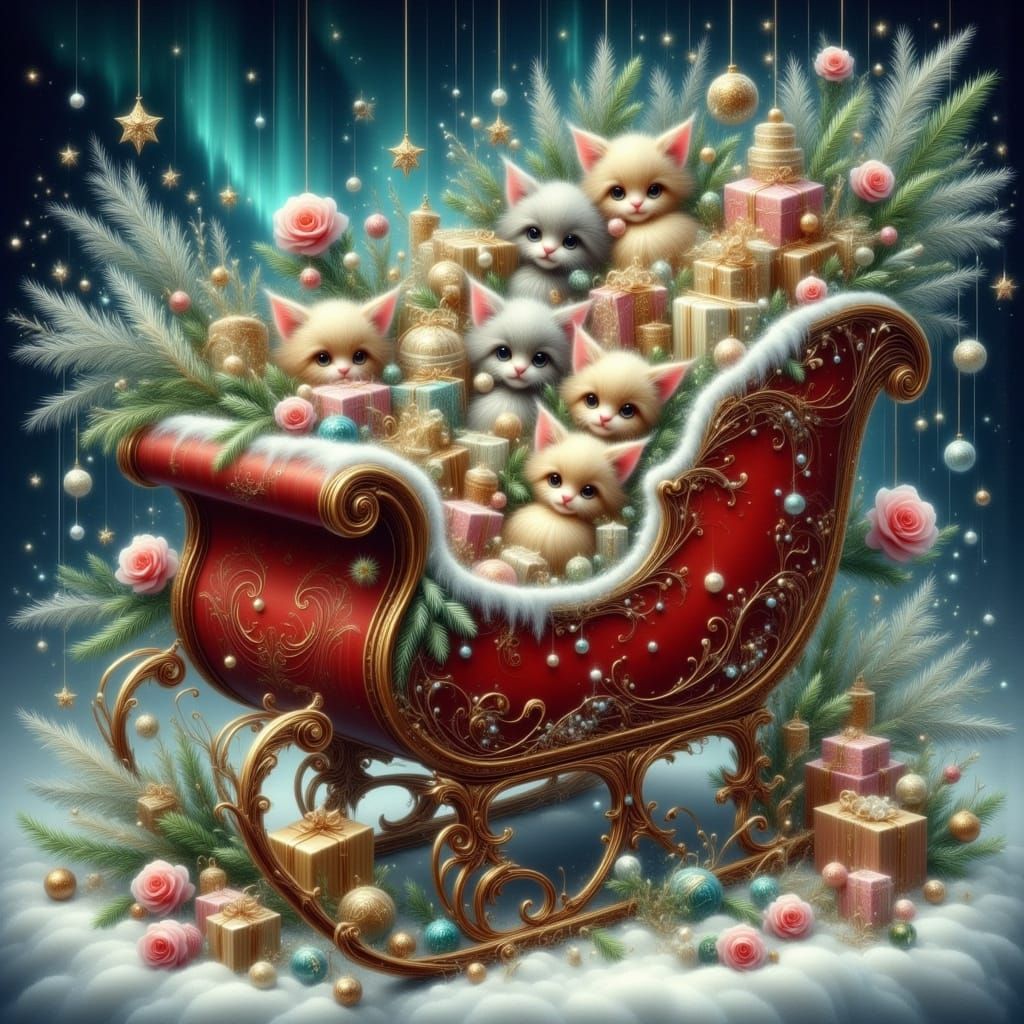 Elves and Kittens in Santa's Sled Under Aurora