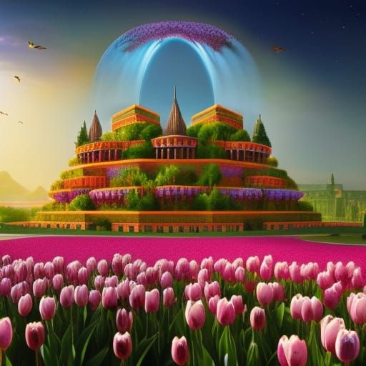 Surreal Fantasy Landscape with Babylon Hanging Gardens and V...