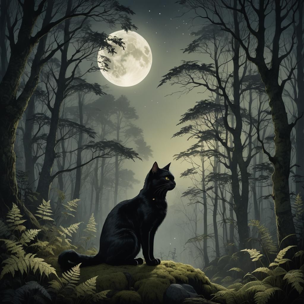 Mystical Moonlit Feline, in Enchanted Woods