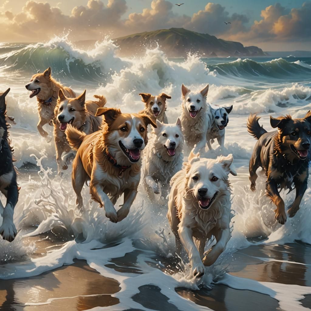 Surreal Fantasy Dogs Run Free on Golden Beaches