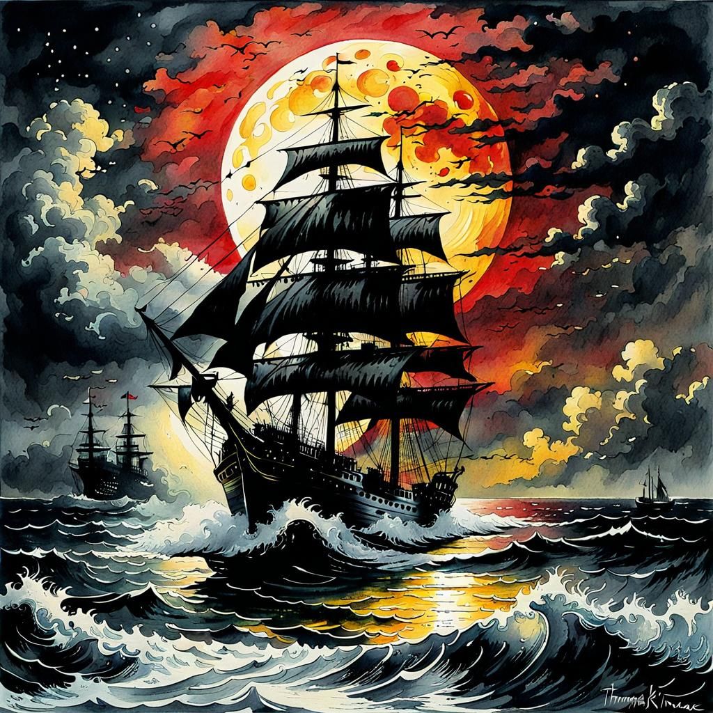 Moonlit Galleon Under Stormy Skies in Polychromatic Ink and...