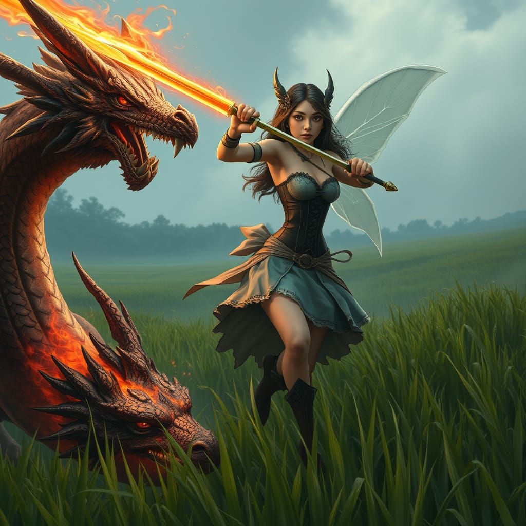 Fairy Barmaid Cuts Dragon Wing with Fire Sword
