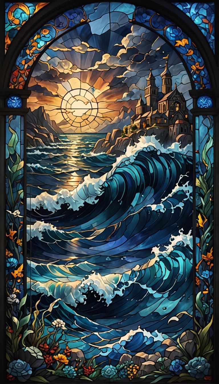 Dark Ocean Storm Stained Glass Art in Deep Blues