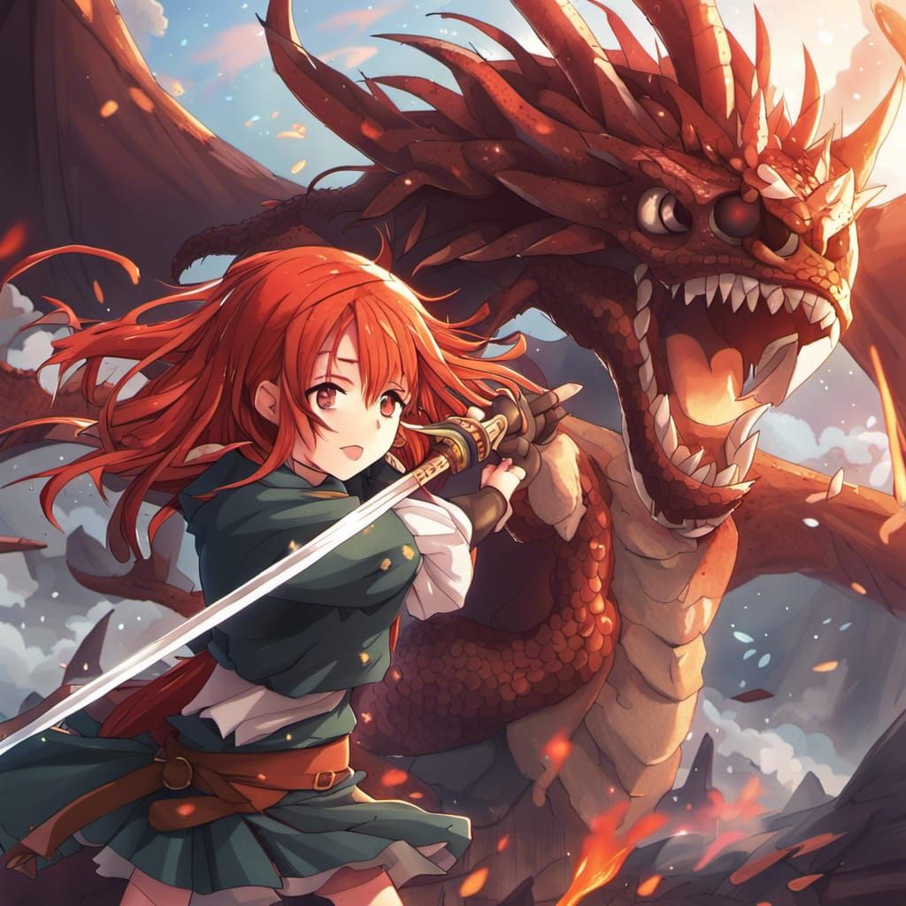 Girl Wields Sword Against Dragon in Fiery Battle Scene