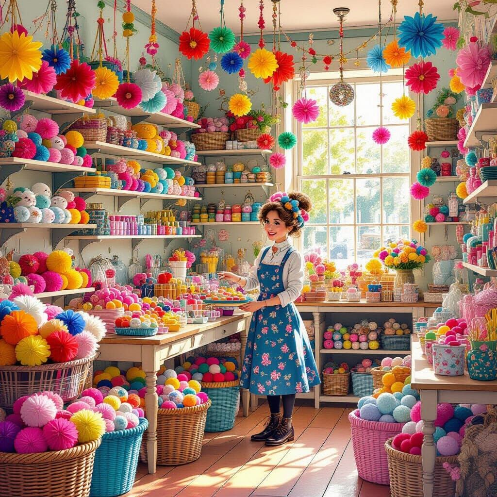 Whimsical Pom-Pom Store in Playful Digital Art Style