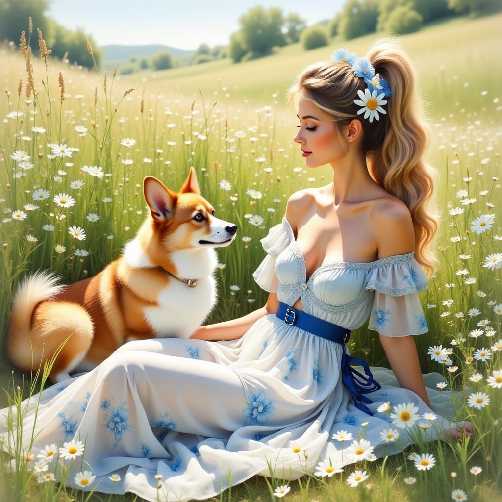 Woman Lounging in Wildflowers as Acrylic Painting