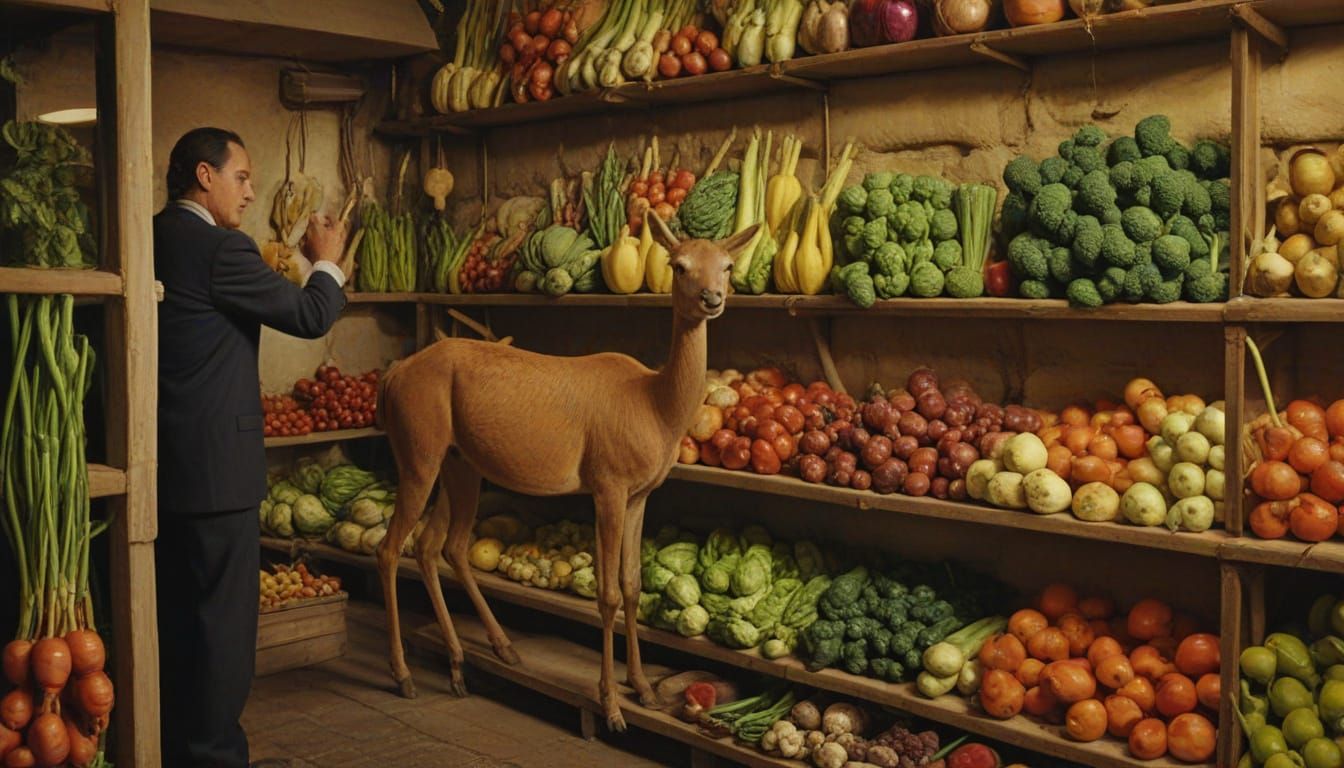 Vicuna Sniffs Vegetables in Surrealist Salvador Dali Style