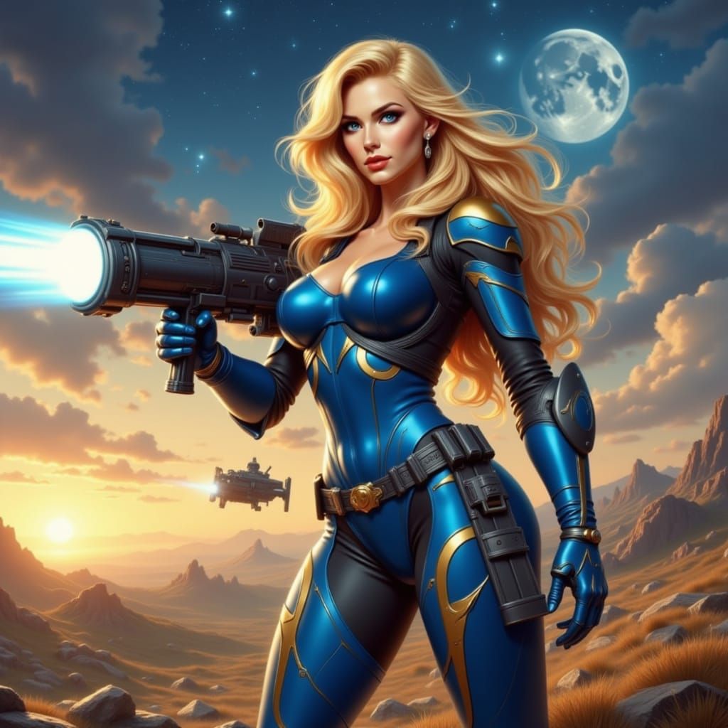 Glamorous Sci-Fi Warrior in Starry Blue Power Armor