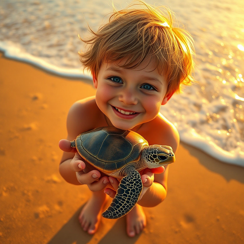 Joyful Boy Holds Tiny Sea Turtle on Golden Sandy Beach