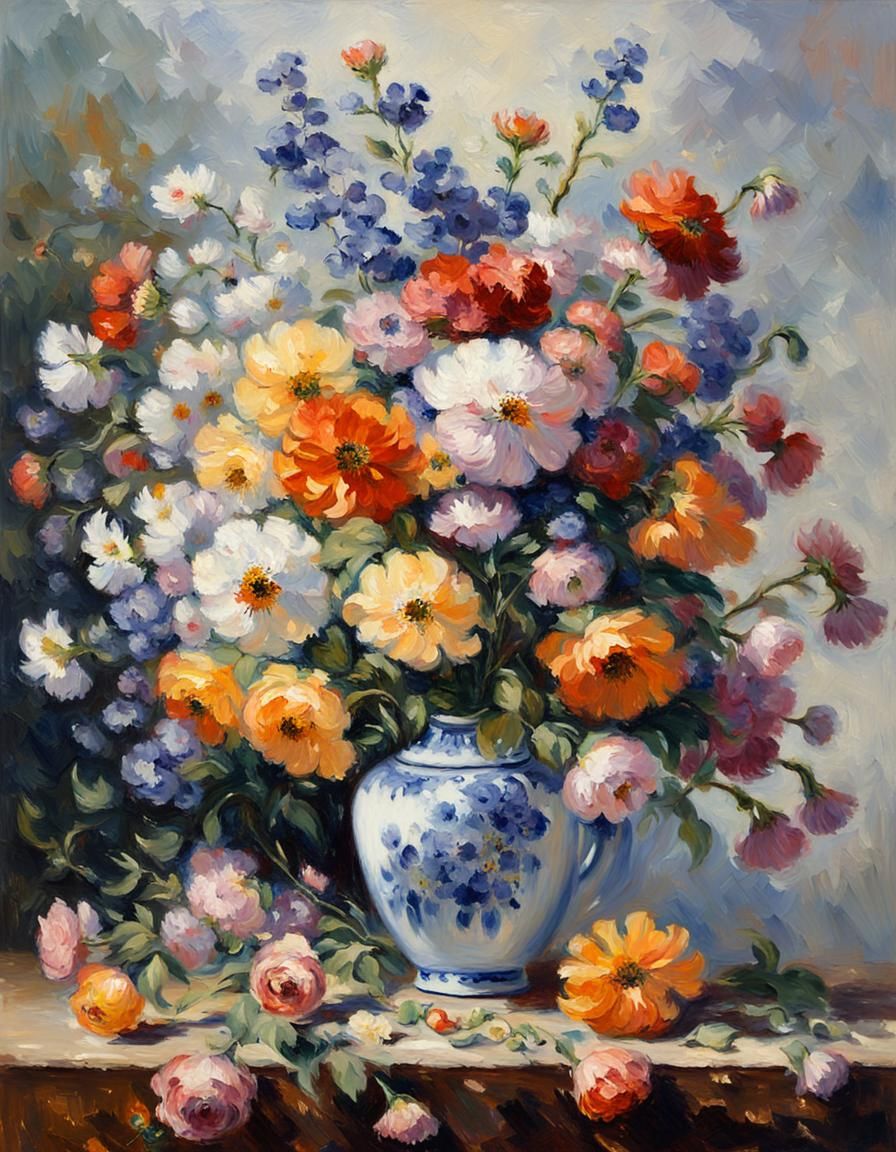 Impressionist Flowers Spill Over Delicate Vase