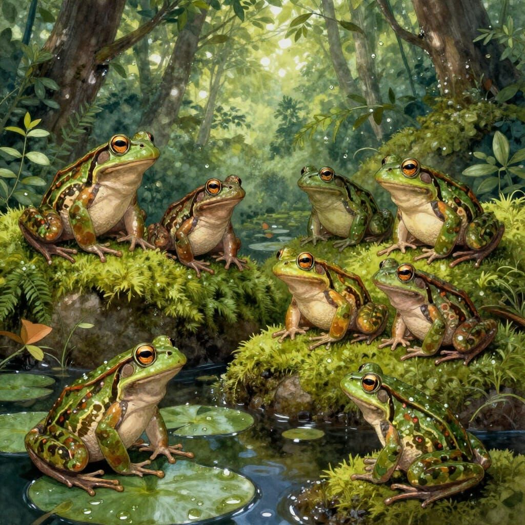 Vibrant Forest Frogs in Dappled Sunlight