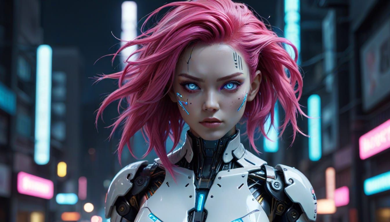 Cyberpunk Android with Pink Hair and Blue Eyes