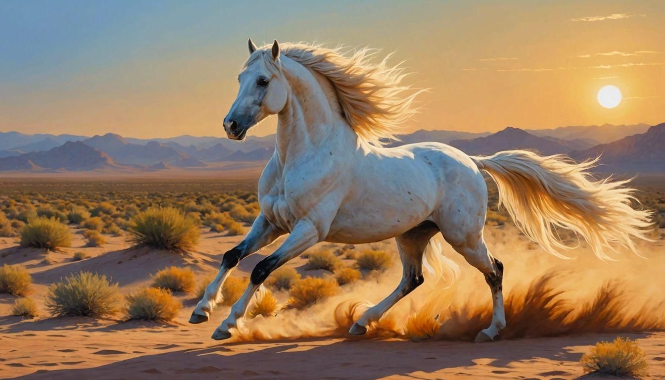 Ethereal Stallion in Golden Hour Desert Oasis