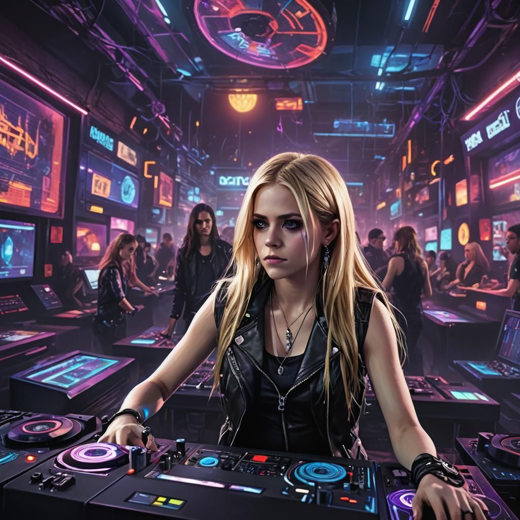 Avril Lavigne in Futuristic Cyberpunk Nightclub, Mixing Reco...
