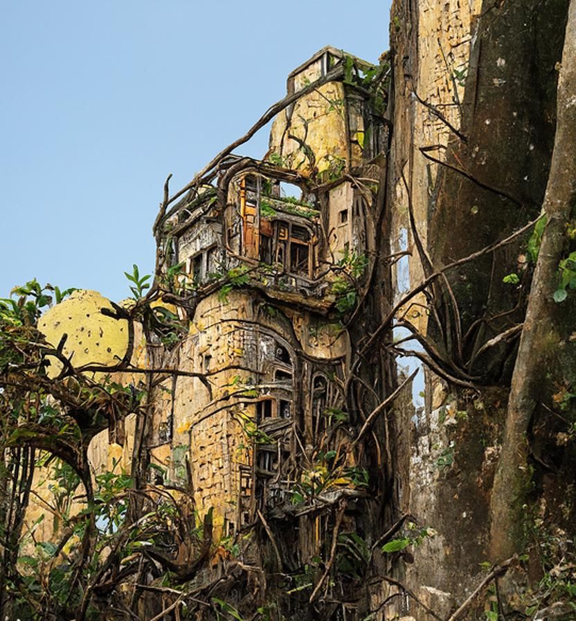 Cyberpunk Abandoned Mansion in the Heart of a Dystopian Jung...