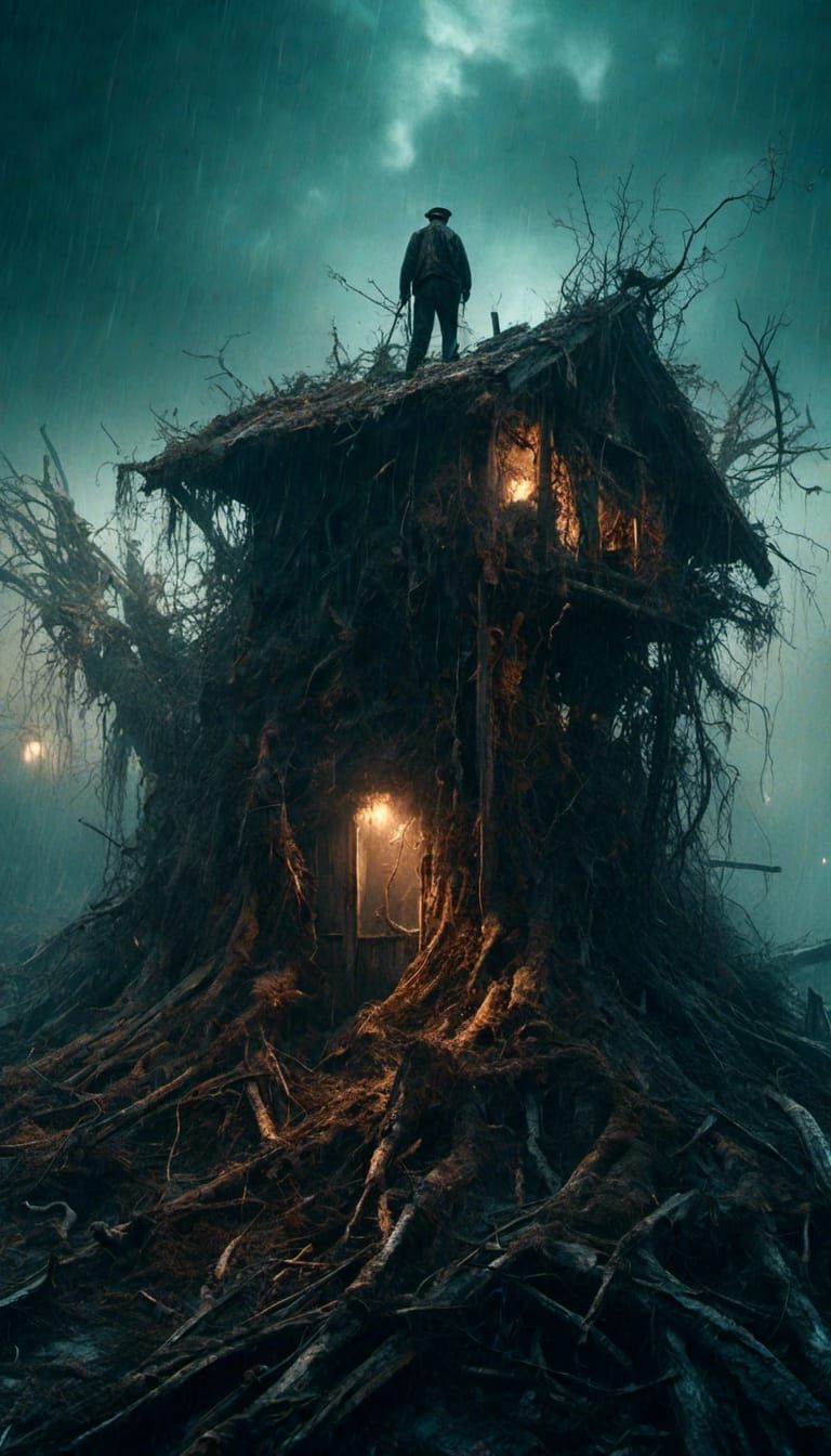 Ethereal Birdman Fisherman on a Ghostly Henhouse Roof