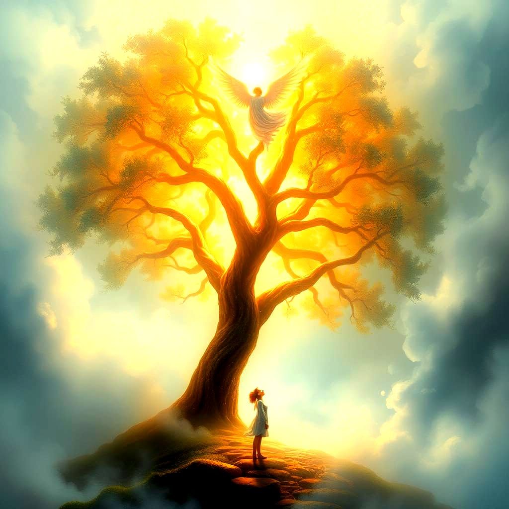 Ethereal Angel Heals Universe Beneath Heavenly Tree