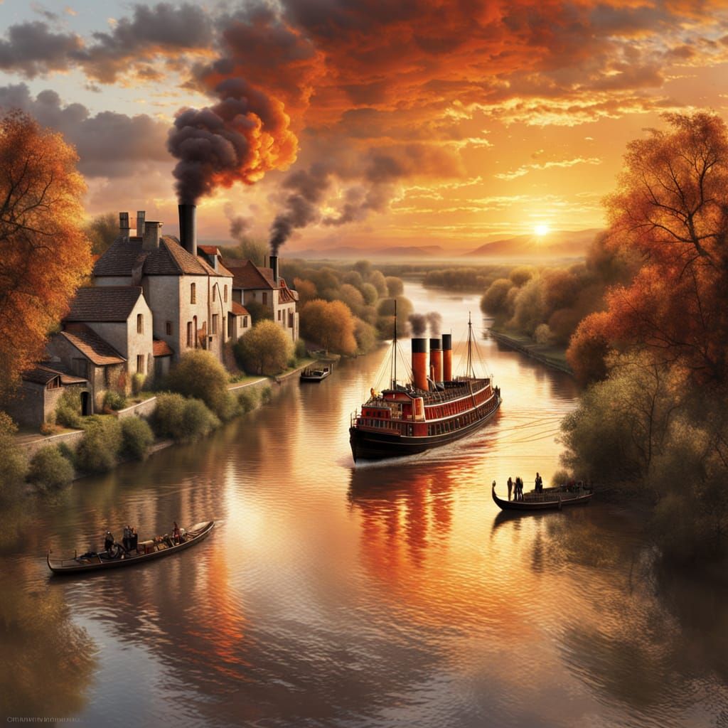 19th Century Paddle Steamer at Sunset