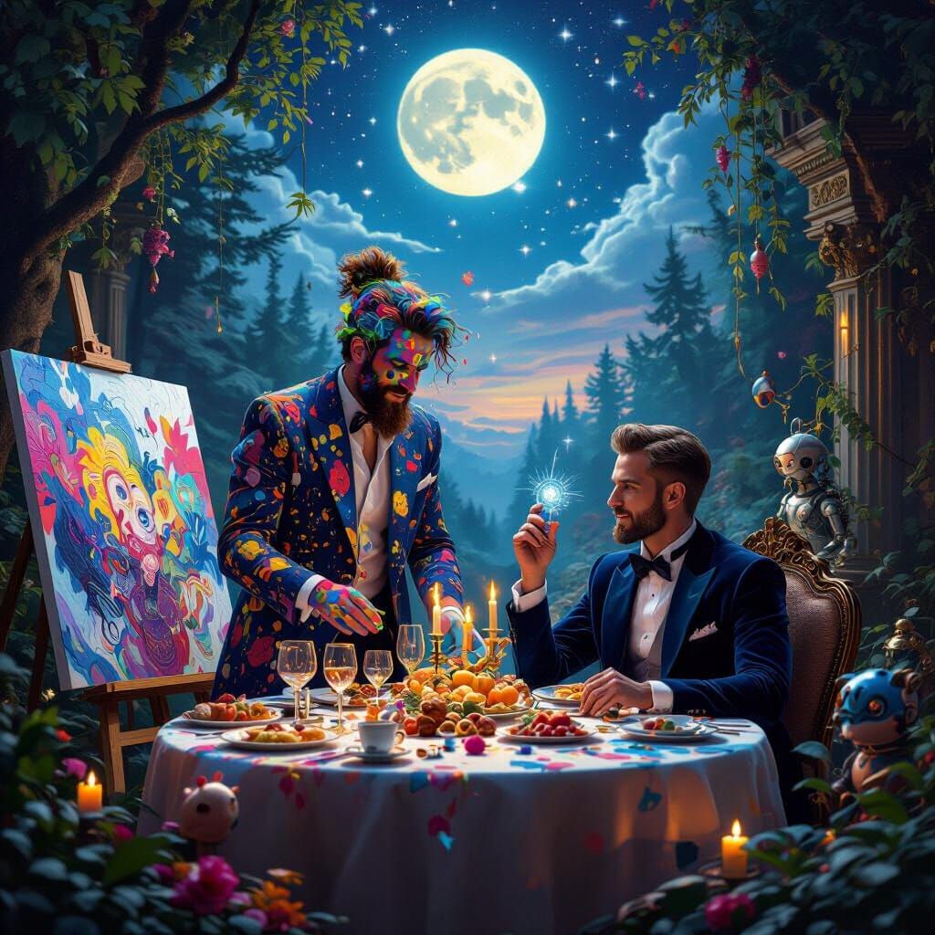 Vibrant Scene of Artist, Gentleman, and Inventor