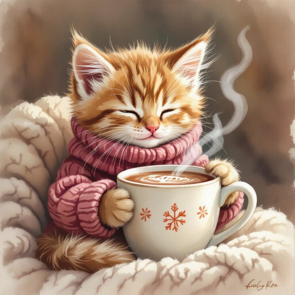 Cozy Kitten with Cocoa in Children's Illustration Style