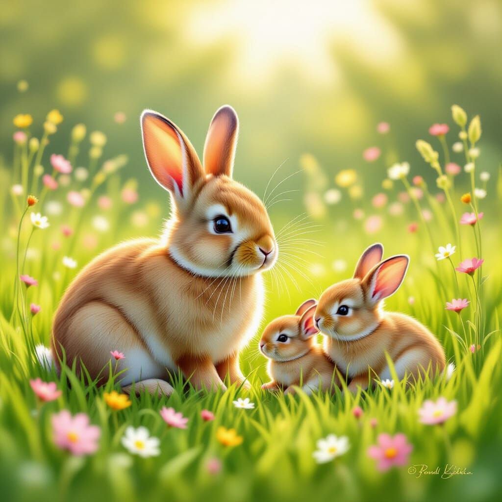 Adorable Rabbit Family in a Flower-Dotted Meadow