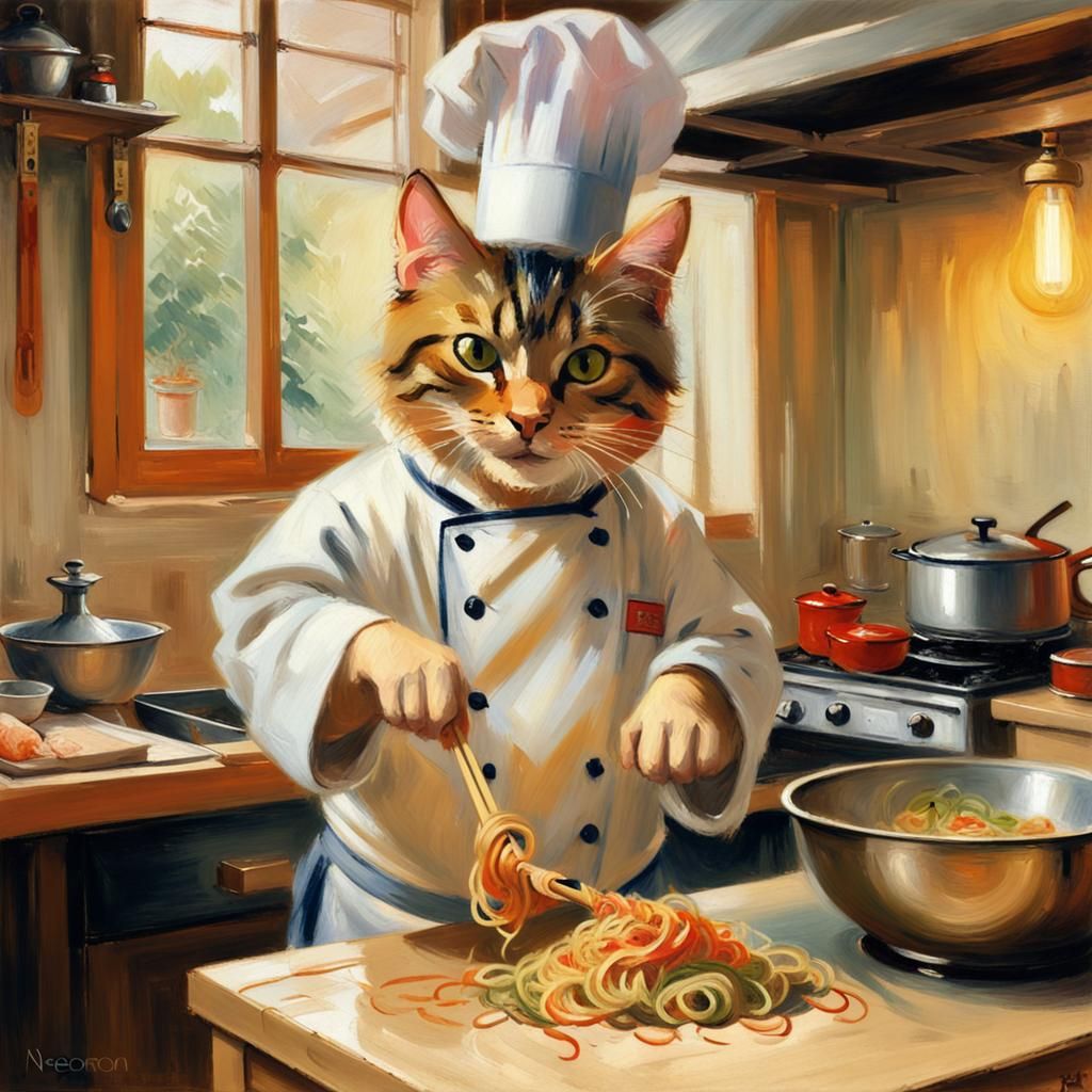 Cyberpunk Kemono Chef in Expressionist Oil Painting Style
