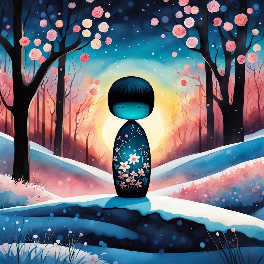Vibrant Kokeshi Doll in Snowy Winter Wonderland Watercolor A...