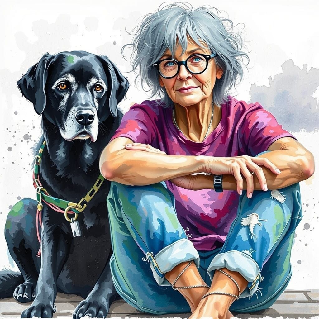 Senior Woman Enjoys Quiet Moment with Loyal Dog in Vibrant W...