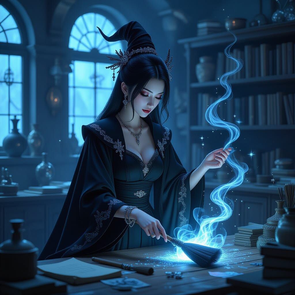 Gothic Witch Cleans Magic Workshop in Ethereal Fantasy Style