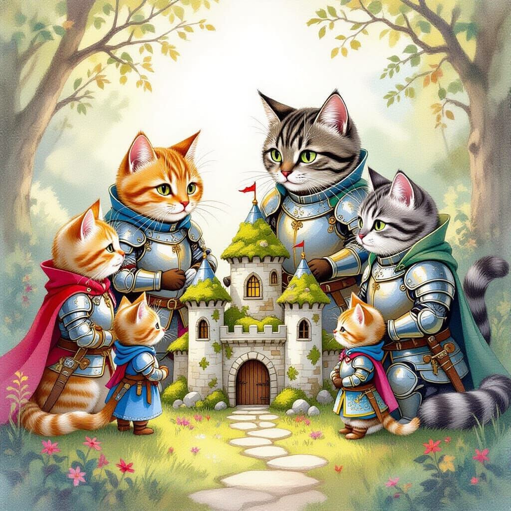 Anthropomorphic Cats in Medieval Armor Near Castle