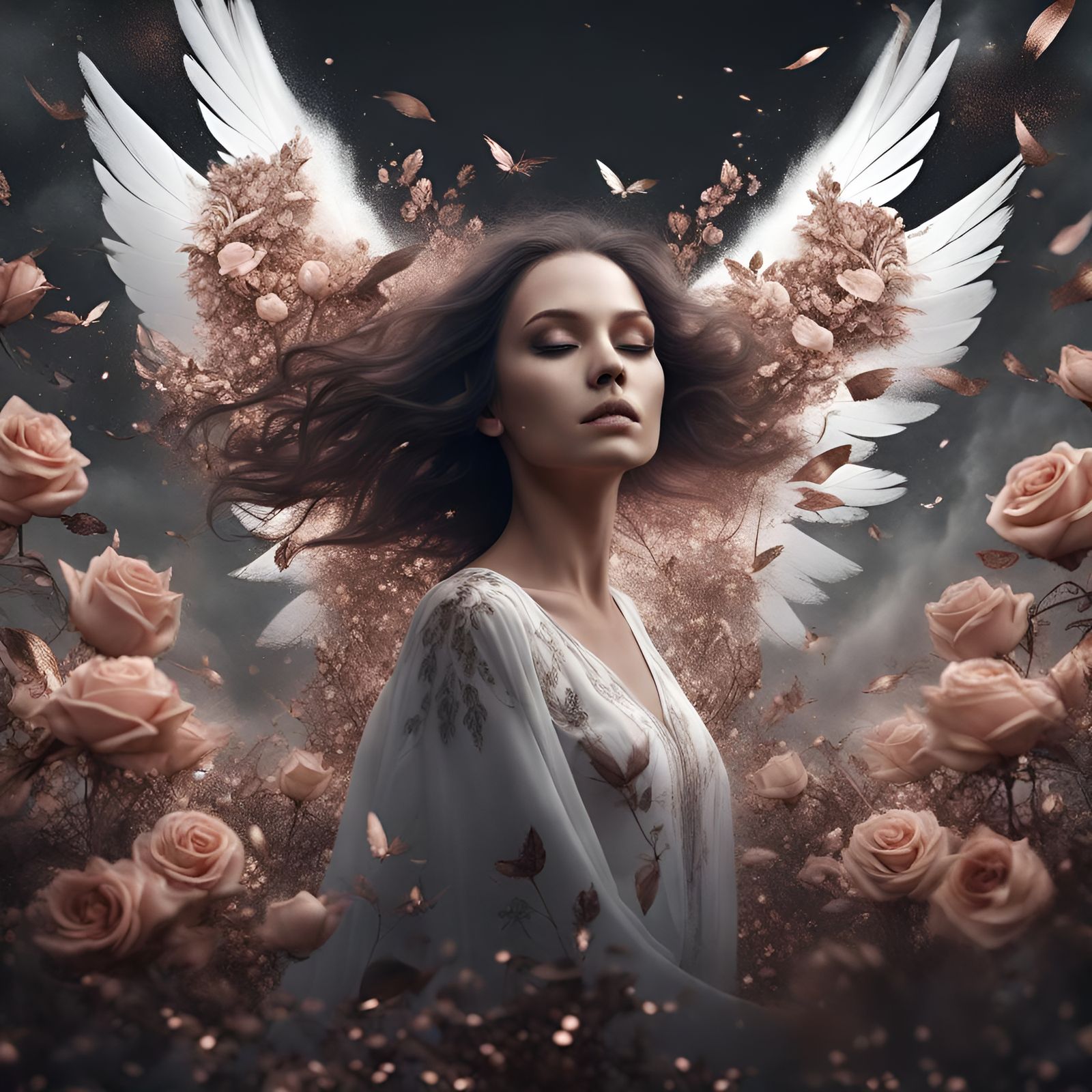 Fantastical Fantasy Woman Soars with Rose Gold Wings Amidst...