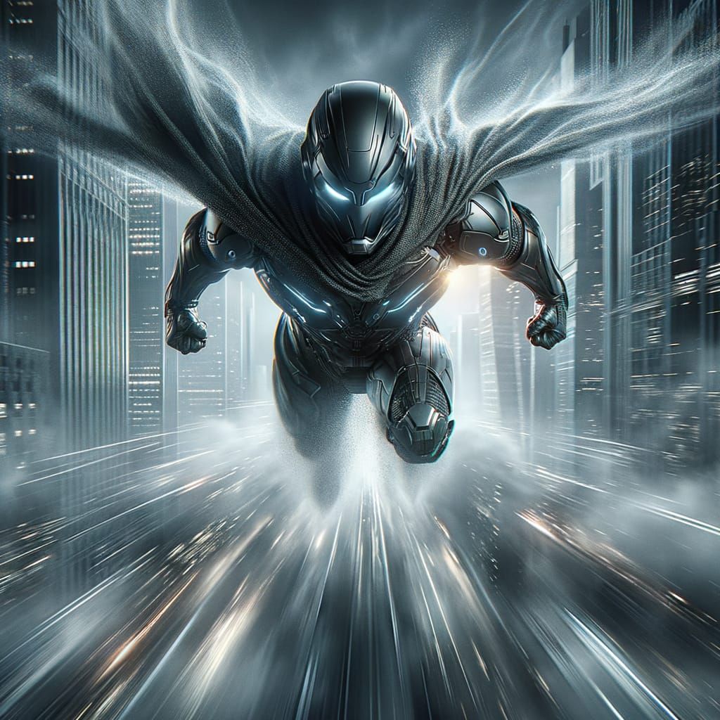 Futuristic Hero Soars Through Cityscape in High-Speed Flight